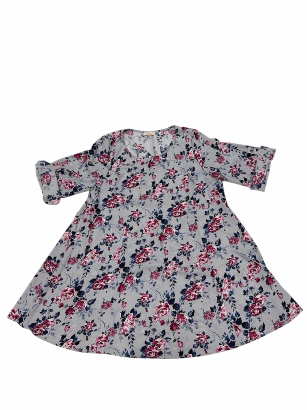 MISI Floral Tunic Dress Blue Pink Rose Print Flowy Boho 3/4 Sleeve Womens Large